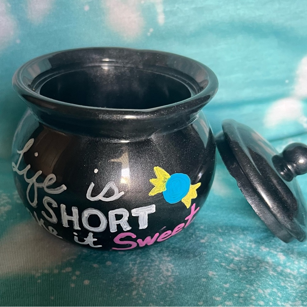 Black Candy Jar with Colorful Text